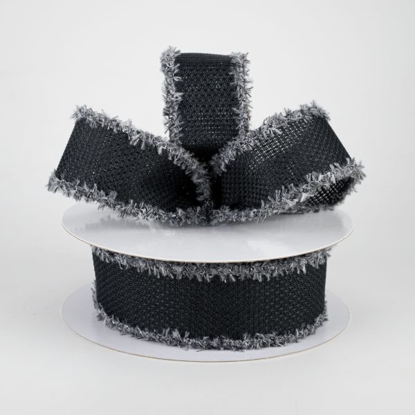 1.5  Faux Burlap Fuzzy Edge Ribbon: Black & Grey (10 Yards) Cheap