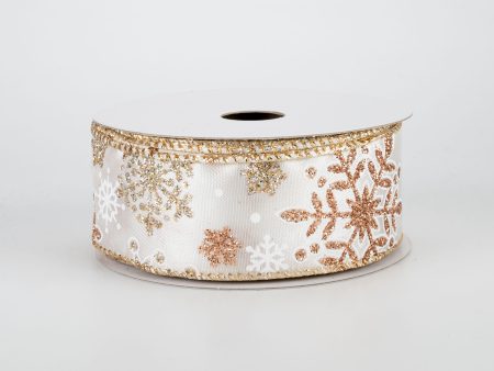 1.5  Glittered Snowflakes Ribbon: White & Rose Gold (10 Yards) For Discount