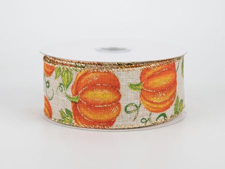 1.5  Glitter Orange Pumpkin Ribbon: Natural (10 Yards) For Sale