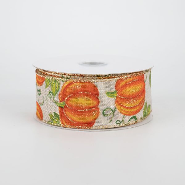 1.5  Glitter Orange Pumpkin Ribbon: Natural (10 Yards) For Sale