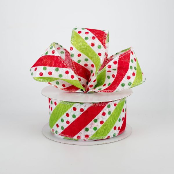 1.5  Dotty Stripe Christmas Ribbon: Red, Lime, White (10 Yards) Online Hot Sale