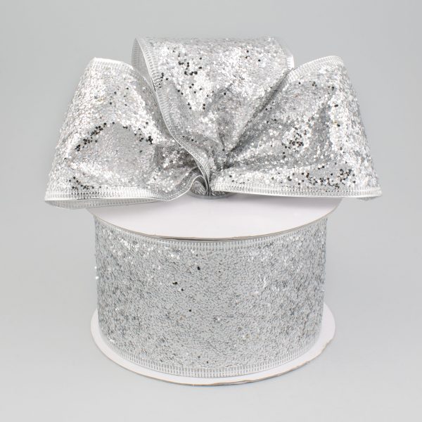 2.5  Hexagon Glitter Ribbon: Silver (10 Yards) Sale