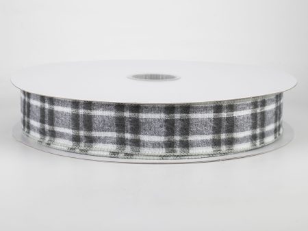 1.5  Fuzzy Flannel Plaid Ribbon: Grey & White (50 Yards) on Sale