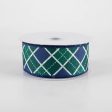 1.5  Diagonal Bonnie Check Ribbon: Navy, Green & White (10 Yards) For Sale