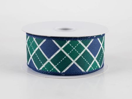 1.5  Diagonal Bonnie Check Ribbon: Navy, Green & White (10 Yards) For Sale