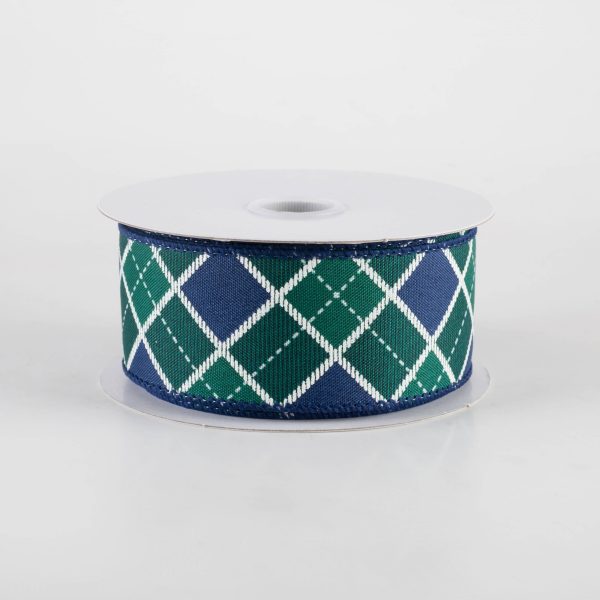 1.5  Diagonal Bonnie Check Ribbon: Navy, Green & White (10 Yards) For Sale