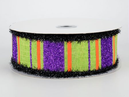 1.5  Glittered Stripes Tinsel Edge Ribbon: Lime, Dark Purple, Orange (10 Yards) Online Hot Sale