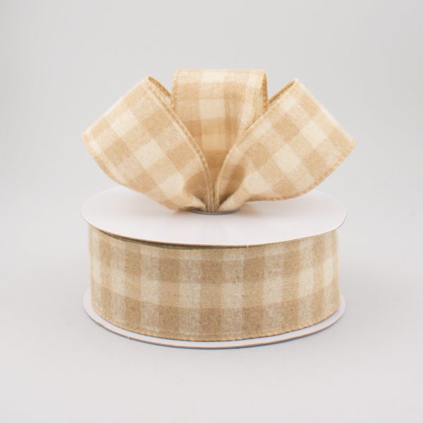 1.5  Flannel Gingham Check Plaid Ribbon: Tan & Ivory (10 Yards) Online now