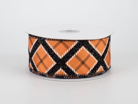 1.5  Glitter Argyle Plaid Ribbon: Black & Orange (10 Yards) Online