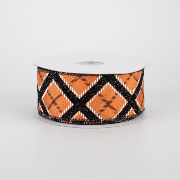 1.5  Glitter Argyle Plaid Ribbon: Black & Orange (10 Yards) Online