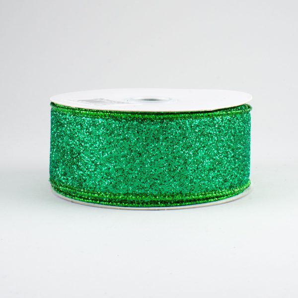 1.5  Glitter On Metallic Ribbon: Emerald (10 Yards) For Sale