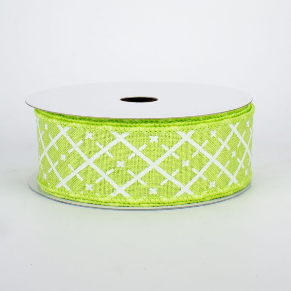 1.5  Glittered Argyle Ribbon: Bright Green & White (10 Yards) For Sale