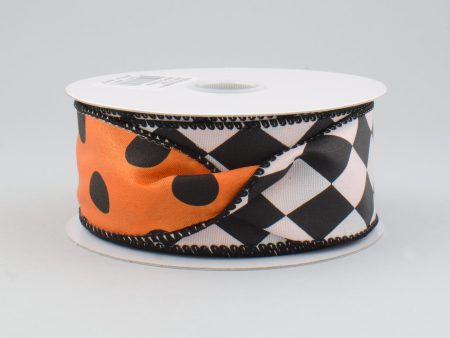 1.5  Double Sided Halloween Harlequin Polka Dot Ribbon: Orange, Black, White (10 Yards) For Cheap