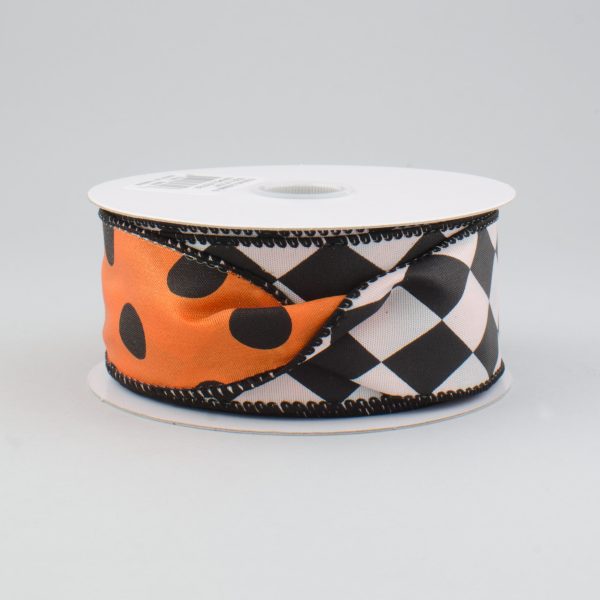 1.5  Double Sided Halloween Harlequin Polka Dot Ribbon: Orange, Black, White (10 Yards) For Cheap