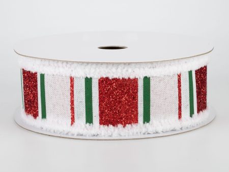 1.5  Chenille Edge Glittered Stripes Ribbon: White, Emerald, Red (10 Yards) Online Sale