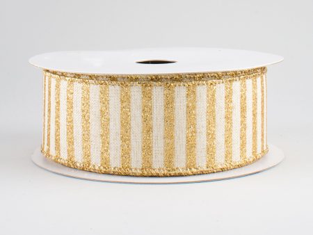 1.5  Glitter Stripe Canvas Ribbon: Cream & Gold (10 Yards) For Cheap