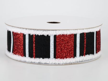 1.5  Chenille Edge Glittered Stripes Ribbon: Black, Red, White (10 Yards) Online Sale