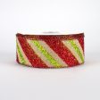 1.5  Diagonal Glitter Stripe Faux Canvas Ribbon: Lime & Red (10 Yards) For Discount