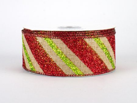 1.5  Diagonal Glitter Stripe Faux Canvas Ribbon: Lime & Red (10 Yards) For Discount