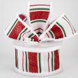 2.5  Chenille Edge Glittered Stripes Ribbon: White, Red, Emerald (10 Yards) For Cheap