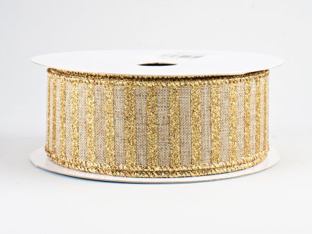 1.5  Glitter Stripe Canvas Ribbon: Beige & Gold (10 Yards) Hot on Sale