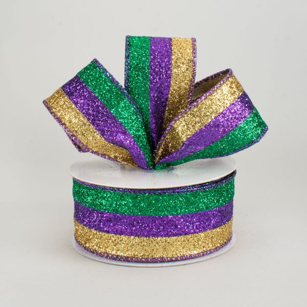 1.5  Glitter Stripe Ribbon: Purple, Green, Gold (10 Yards) For Sale