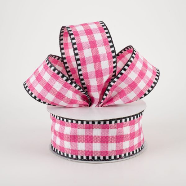 1.5  Gingham Check Dashed Edge Ribbon: Hot Pink & White (10 Yards) Online Sale