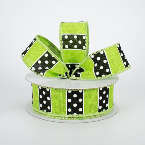 1.5  BW Polka Dot Stripes Ribbon: Lime (10 Yards) on Sale