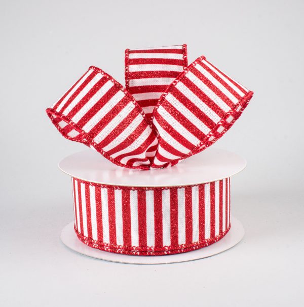 1.5  Glitter Stripe Canvas Ribbon: White & Red (10 Yards) Sale