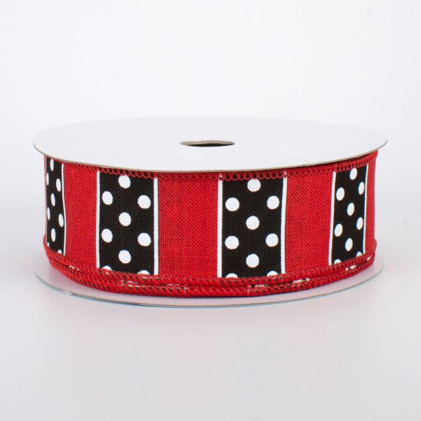 1.5  BW Polka Dot Stripes Ribbon: Red (10 Yards) For Sale