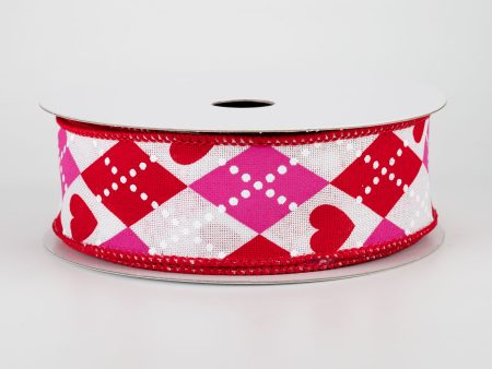 1.5  Argyle Hearts Ribbon: White, Hot Pink, Red (10 Yards) Cheap