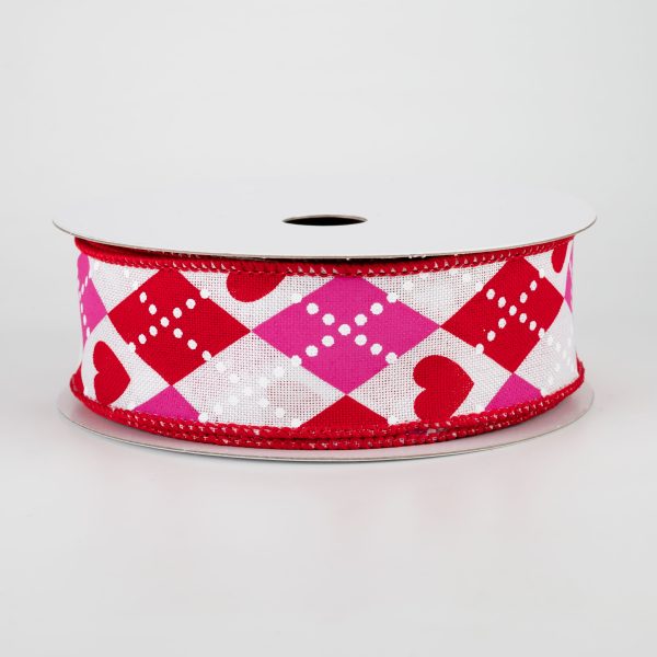 1.5  Argyle Hearts Ribbon: White, Hot Pink, Red (10 Yards) Cheap