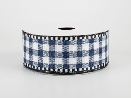 1.5  Gingham Check Dashed Edge Ribbon: Navy Blue & White (10 Yards) Online Sale