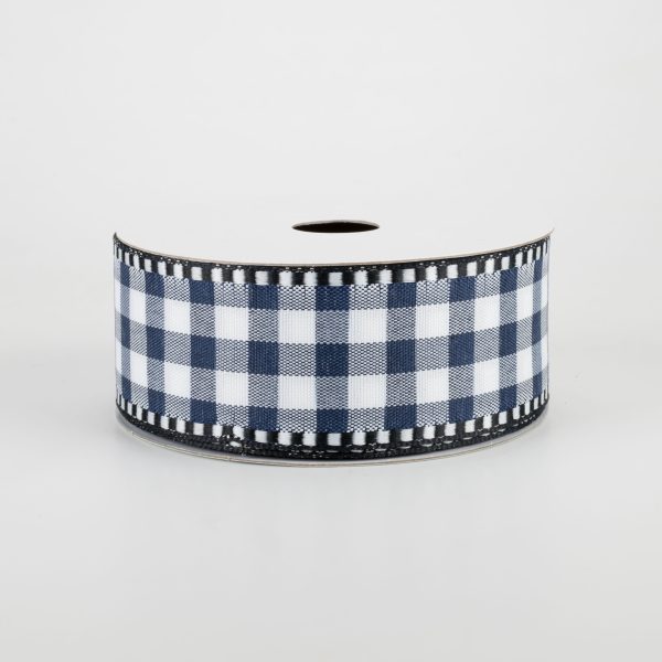 1.5  Gingham Check Dashed Edge Ribbon: Navy Blue & White (10 Yards) Online Sale