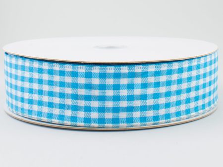 1.5  Gingham Check Wired Ribbon: Turquoise Blue & White (50 Yards) Online Sale