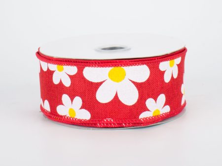 1.5  Daisy Print Ribbon: Red (10 Yards) on Sale