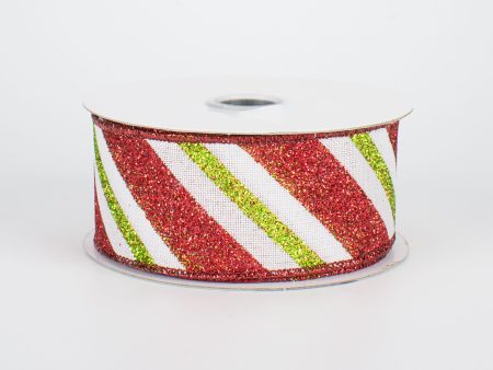 1.5  Diagonal Glitter Stripe Ribbon: Lime & Red (10 Yards) Fashion