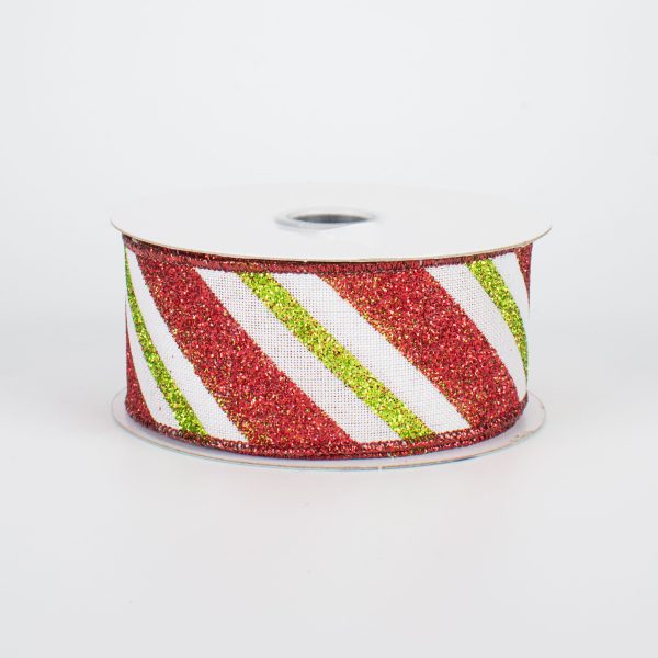 1.5  Diagonal Glitter Stripe Ribbon: Lime & Red (10 Yards) Fashion