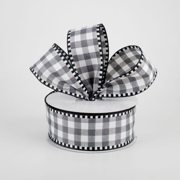 1.5  Gingham Check Dashed Edge Ribbon: Grey & White (10 Yards) Sale