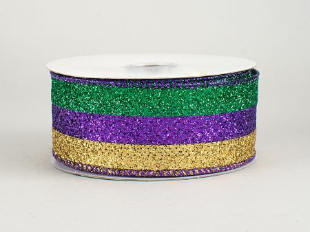 1.5  Glitter Stripe Ribbon: Purple, Green, Gold (10 Yards) For Sale