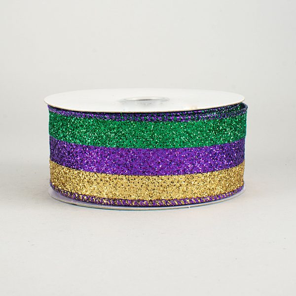 1.5  Glitter Stripe Ribbon: Purple, Green, Gold (10 Yards) For Sale