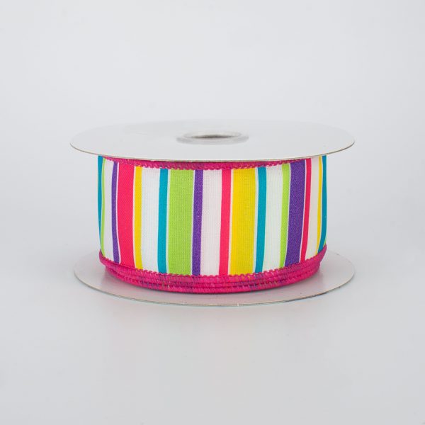 1.5  Bright Multi-Colored Horizontal Stripe Ribbon: White (10 Yards) Sale