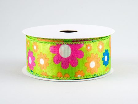 1.5  Bright Flowers Ribbon: Lime Green (10 Yards) For Sale