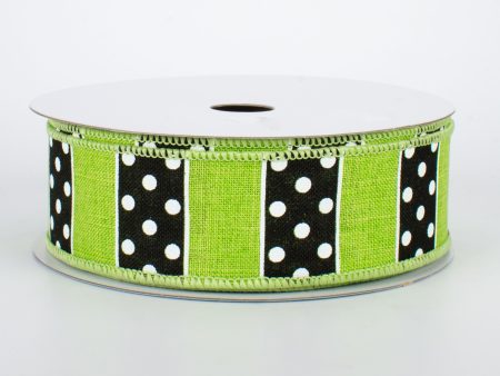 1.5  BW Polka Dot Stripes Ribbon: Lime (10 Yards) on Sale