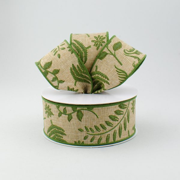 1.5  Embroidered Greenery Ribbon: Beige & Green (10 Yards) Online Hot Sale