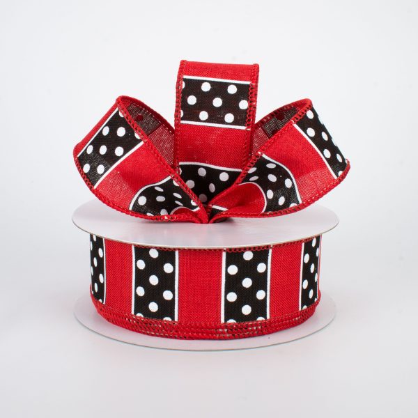 1.5  BW Polka Dot Stripes Ribbon: Red (10 Yards) For Sale