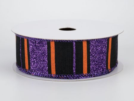 1.5  Glittered Stripes Ribbon: Black, Orange, Dark Purple (10 Yards) Cheap