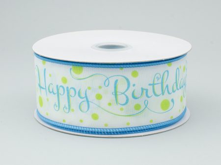 1.5  Happy Birthday Ribbon: White, Lime, Turquoise (10 Yards) Hot on Sale