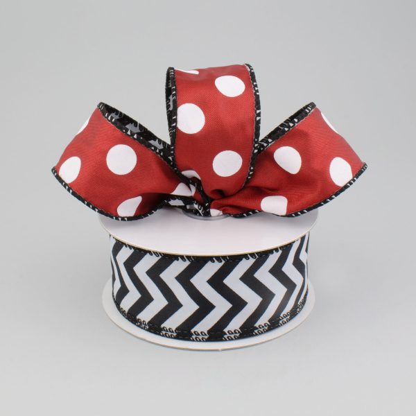 1.5  Polka Dot & Chevron 2-Sided Ribbon: Red, Black & White (10 Yards) Supply