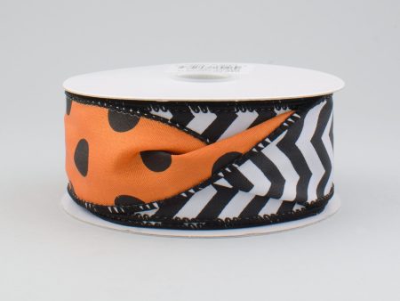 1.5  Double Sided Halloween Chevron Polka Dot Ribbon: Orange, Black, White (10 Yards) Hot on Sale